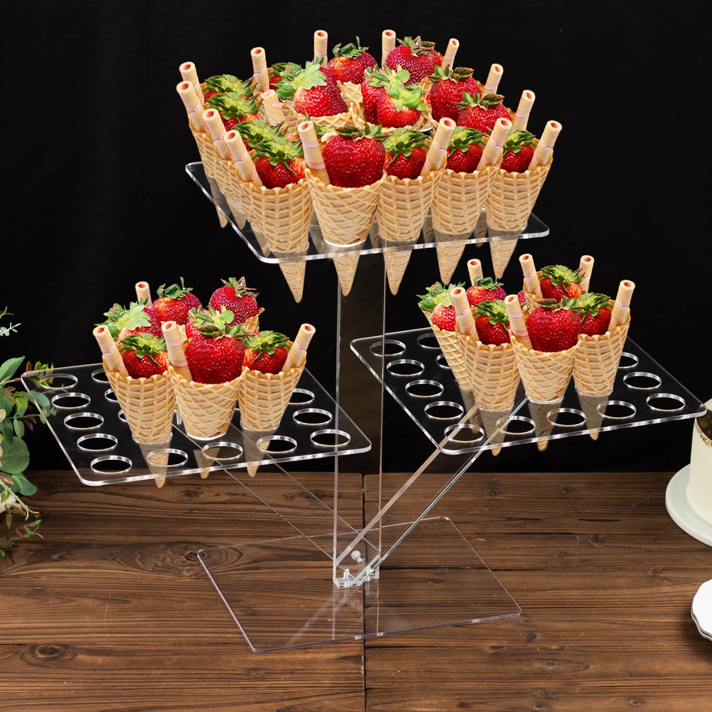 18" Tall Clear 3-Tier Acrylic 72-Slot Ice Cream Cone Shot Glass Tray, Foldable Plastic Mini Cupcake Display Stand